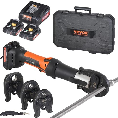 VEVOR Presswerkzeug und Akku-Set, Rohrpresszange, elektrisches Rohrcrimpwerkzeug mit V15-, V22-, V28-Backen, Presswerkzeug-Set mit 2 Stück 18-V-2,0-Ah-Akkus, Schnellladegerät und Tragetasche