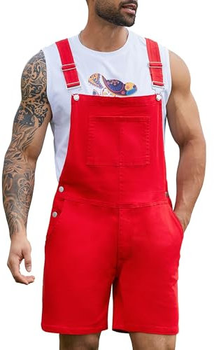 Bindefon Tuta da lavoro in denim da uomo, con pantaloncini, tuta da lavoro, con cerniera, Rosso, XX-Large