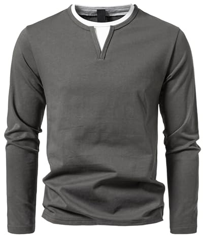 HOTIAN Långärmad tröja för män med V-ringning, baströja, Henley-skjorta, toppar, fritid, sweatshirt, t-shirt för män, Mörkgrå, XL