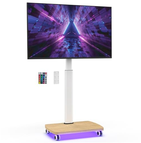 AOKCOS Rolling TV Stand with LED Lights for 43-75 Inch TV, 8-Height Adjustable Mobile TV Stand with 12° Tilt, Wooden Base Floor TV Mounts, Max Load 110lbs, VESA 100x100mm to 600x400mm, White