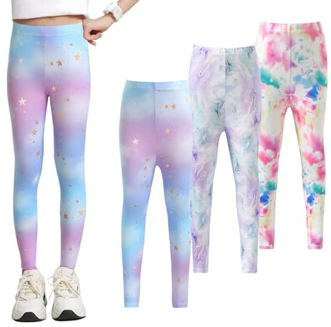 NEAWEALY Flickleggings, barn, sportleggings, långa joggingbyxor, elastiska sportbyxor, ogenomskinliga byxor, fritid, sovbyxor, 3-pack, Pastellfärgade molnmönster, 11-12 år