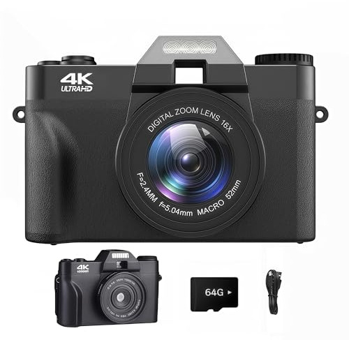 Korons Appareil Photo Numérique- Écran Repliable 3.0 Pouces et Objectif 48MP – Idéal pour Vlogs, Voyages et tournages Quotidiens (Black,64G)