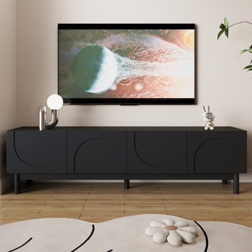 Merax Modern Black TV Cabinet with Curved Wave-Shaped Doors, 169 cm TV Stand Cabinet with Adjustable Shelves and Stabilizing Legs, Stylish Lowboard TV Table