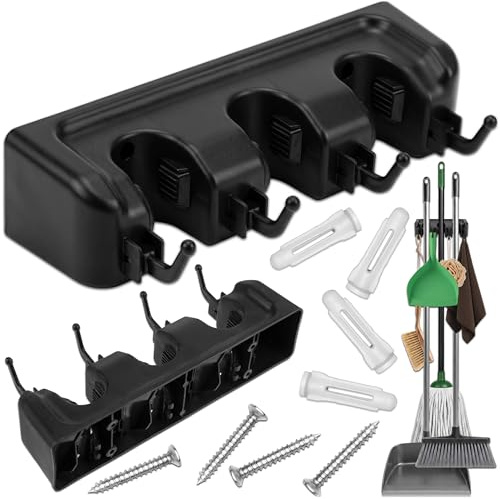KRUMAD Besenhalterung Wand für Besen, Werkzeughalter, Organizer für Garage | 3 Regale und 4 Haken, aus Robustem PP+TPE Material, Selbstspannend, 26x6,2x8 cm, inkl. Montage, Größe, Schwarz