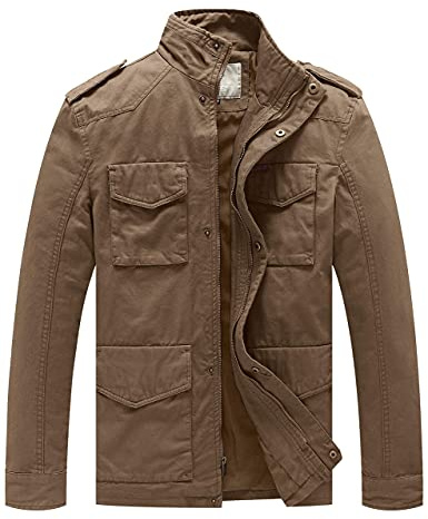 WenVen Men's Lightweight Canvas Cotton Jacket Tactical Cargo Anorak (Khaki, XL)