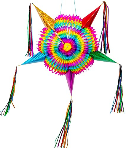 Celly Party Mexican Star Pinata, 32 Inch Large Rainbow Pinata, Foldable Fiesta Decoration for Kids Birthday, Cinco de Mayo, Dia de Los Muertos