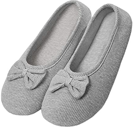 iEasey Pantoufles fermées en coton pour femme et fille - Ballerine douce - Avec joli nœud - Pour l'intérieur - Confortables - Chaudes - Légères - Pour chambre à coucher, salon, bureau, gris, 37/38 EU