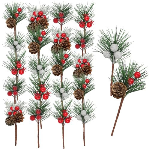 com-four® 20x Ramas Decorativas - Pequeñas Ramas Decorativas con Bayas y Conos - Accesorios Artesanales para Trabajos de Bricolaje - Ramas para Decorar (20x Ramas de Bayas y Conos)