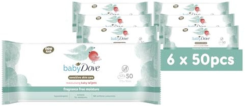 Baby Dove Sensitive Skin Care Baby Wipes, Fragrance-Free - Soft Cleansing, Moisturising & Gentle Wet Tissue for Newborns & Infants, Perfect for Nursery & Travel Essentials, Resealable - Pack of 6