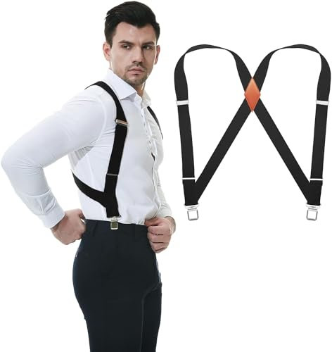 JTCMOJS Black Suspenders for Men Heavy Duty Belt 1.4 Inch Work Mens Suspenders with Clips for Formal and Casual Wear