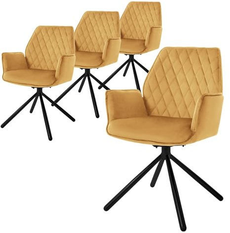 ML-Design matsalsstolar set om 4 sammet senapsgul, vardagsrumsstol med arm och ryggstöd, snurrstol bilposition, stoppad stol med metallben, ergonomisk snurrfåtölj, köksstol lounge stol