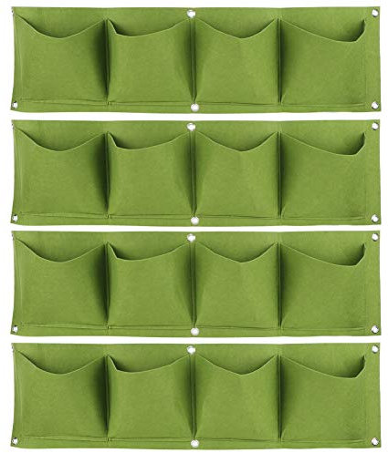 Wand-Pflanztasche aus Filz mit 4 Taschen, Wiederverwendbar, Abbaubar, für den Anbau von Blumen, Erdbeeren, Gemüse, Mehr Wachstumsraum mit Sonnenlicht und Stabiler (Green)