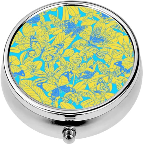 Mini Portable Pill Case Box for Purse Vitamin Medicine Metal Small Cute Travel Pill Organizer Container Holder Pocket Pharmacy Orchid and Butterfly Blue and Yellow Version