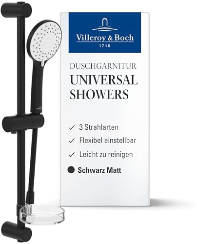 Villeroy & Boch Universal Showers Duschgarnitur – Schwarz Matt | Handbrause mit 3 Strahlarten, flexibler Handbrausehalter, kalkabweisend, leicht montierbar, TVS109004000K5