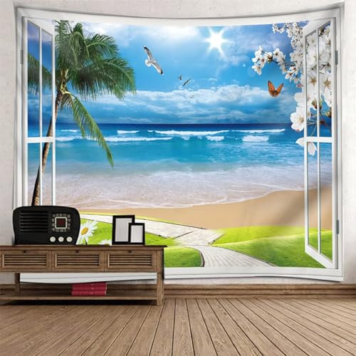 Musihy Palmenstrand Tapisserie Wandbehang, Wandteppich Strand Palmen Fenster mit Kokosnussbaum und Meeresstrandlandschaft Wandbehang Dekoration für Wohnzimmer Schlafzimmer & Schlafsaal | 210x140cm
