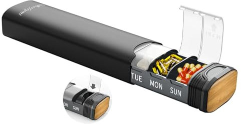 Weekly Pill Boxes 7 Day 1 Times A Day,Serfeymi Metal Pill Organiser(Spare Gasket Provide),Travel Tablet Dispenser,Daily Pill Case,Dosette Box,Medicine Holder for Medication,Supplement(Indiv Lid)-Black