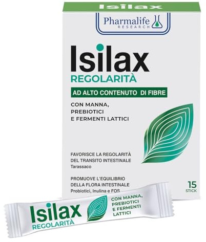 Pharmalife Isilax Regolarità 15 Stick - Alto Contenuto di Fibre - Integratore Alimentare con Manna Prebiotici, Probiotici Inulina e FOS - Con Tarassaco per Favorire Regolarità Transito Intestinale