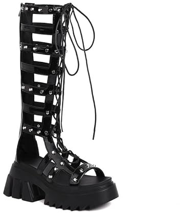 Veelau Meieer Sandalias de gladiador con plataforma para mujer Sandalias romanas con cordones con tachuelas Cremallera, Piel de color negro., 39 EU