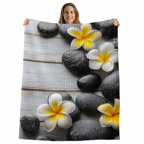Yellow Egg Flowers Throw Blanket, Plumeria Floral Stone Farmhouse Wooden Fluffy Soft Blankets for Couch Bed Travel, Plush Microfiber Striped Flannel Blankets, Lightweight Sofa Blankets 30x40