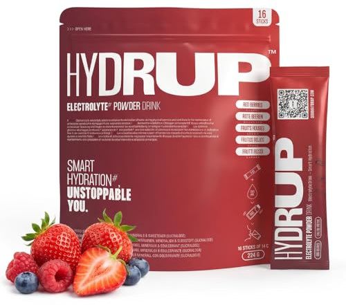 Hydrup Electrolitos Polvo 1734mg - Vitaminas B y C - 16 Sticks FrutosRojos | Vegano, con sodio, potasio, cloruro y fósforo. Hidratación rápida para deporte y para el día a día