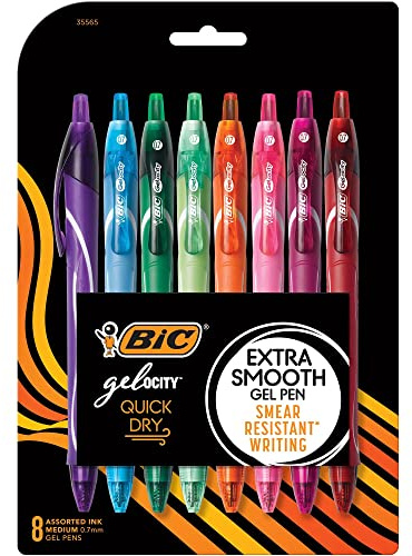 BIC Gelocity Quick Dry Assorted Colors Gel Pens, Medium Point (0.7mm), 8-Count Pack, Retractable Gel Pens With Comfortable Full Grip