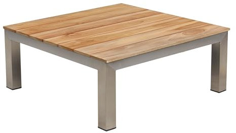 OUTFLEXX Beistelltisch in Silber und Natur Edelstahl & FSC-Teakholz 69x69x29 cm, Loungetisch, moderner Couchtisch
