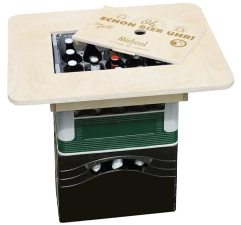 Herz & Heim® Bierkasten Stehtisch Bierkastenaufsatz mit Namensgravur - Made in Germany - aus Holz - Grandioses Männergeschenk Oh Schon Bier Uhr!