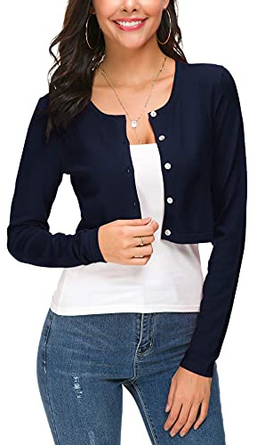Mujeres Casual Manga Larga Bolero Cuello Redondo Corta Cárdigan Elástico Suéter de Punto Shrug con Botones (M, Azul Marino)