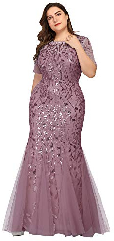 Ever Pretty Women's Elegant O Neck Short Sleeve Floor Length Mermaid Embroidery with Sequin Plus Size Prom Dresses Orchid 18UK
