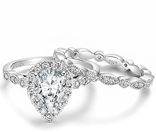 EAMTI 1.5CT 925 Sterling Silver Bridal Ring Sets Teardrop CZ Engagement Vintage Pear Promise Rings Marquise Wedding Bands for Women Size 7