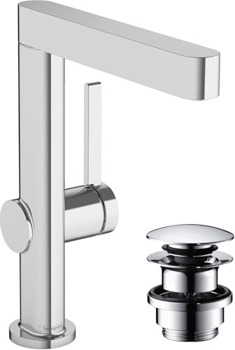 hansgrohe Waschtischarmatur Finoris, Wasserhahn Bad mit Auslauf Höhe 230 mm, mit Push-Open Ablaufgarnitur, Badarmatur wassersparend, 120° drehbar, Chrom