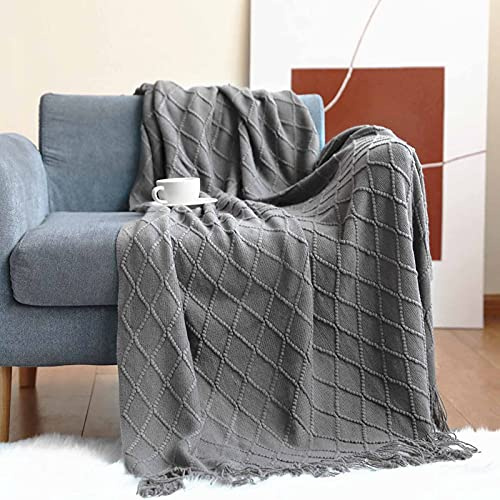 LumiSyne Gestrickte Decke Mit Quaste Einfarbig Geometrische Muster Kuscheldecke Strickdecke Tagesdecke Überwurf Couchdecke Dekorative Decke Für Sofa Bett 230x130cm