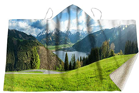 YUNHOME Kapuzendecke Decke Mit Kapuze Kuscheldecke Blanket Hoodie Blauer Himmel, Berge, Wald, Zusammengesetzte Tuch Decke Mantel, Magische Hutdecke, Kinderdecke, Nickerchen Decke, Hutdecke-150X200.