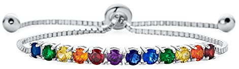 Bling Jewelry 3CTW Zirkonia AAA CZ LGBTQ Pride Bunte Regenbogen Mehrfarbig Bolo Stil Tennisarmband für Frauen Teenager Verstellbar Rhodiniert Überzogen .925 Sterling Silber