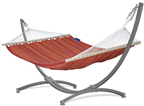 Potenza Outdoor Hängematte mit Gestell für 2 Personen I 100% Baumwolle Medelin Stabhängematte 215x140, 160kg I Hängemattengestell 220kg, wetterfest (Gestell Grau, Rot)