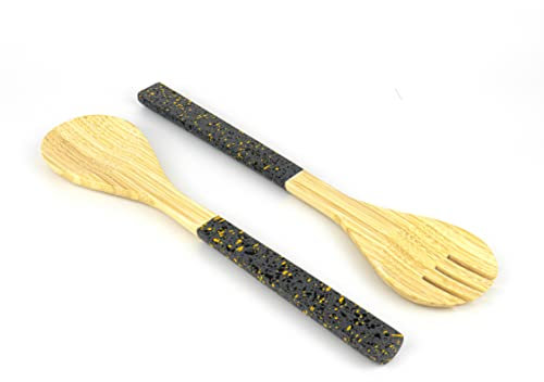 Jungle Culture® Large Bamboo Salad Servers • Natural Wood Tongs with Black Terrazzo Style Handles • Fruit & Wooden Salad Bowl Tableware • Eco Friendly Serving Utensils • Spoon & Fork Cutlery Set