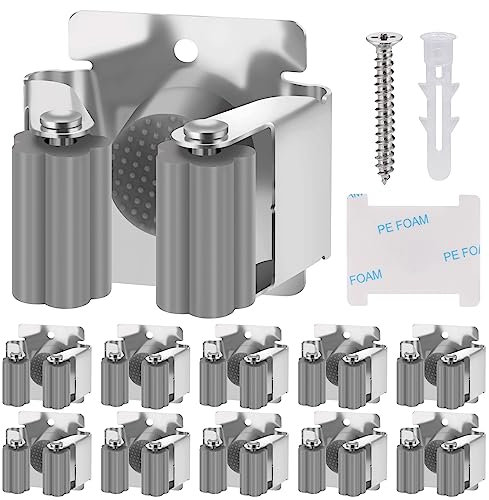 Hejo 10 Packs Broom Mop Holder Wall Mounted, Heavy Duty Mop Holder,Stainless Steel Brush Holders Ideal for Bathroom, Kitchen, Garage, Garden Tool Organizer, Brush Mops and Broom Gripper (Grey)