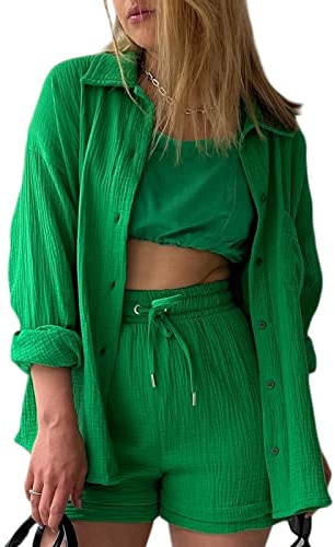 Geagodelia Women's 2 Pieces Outfit Summer Ladies Co Ord Set Button Down Shirt Top + Shorts Y2k Aesthetic Clothes Loungewear Streetwear Workout
