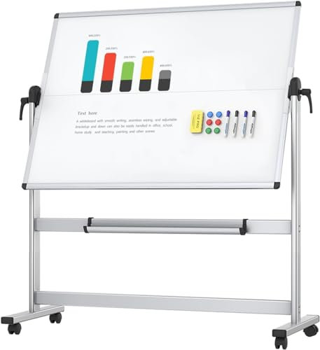 VIZ-PRO Doppelseitiges Mobiles Whiteboard, 120 x 90 cm, Magnetisch, Rollend, Trocken Abwischbar, Whiteboard auf Rädern mit Aluminiumrahmen und Ständer