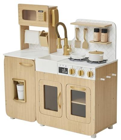 Teamson Kids Little Chef Cyprus Wooden Play Kitchen in Oak with Marble Counter, 14 Accessories, Click Knobs, Shelves & Hooks for Creative Role Play