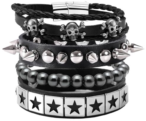 MILAKOO 4PCS Punk Armband mit Hämatit Stein Perlen Schädel Spike PU Leder Goth Manschette für Männer Frauen