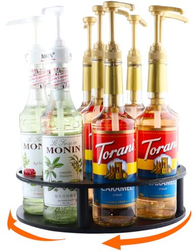 Rotating Coffee Syrup Organizer 9 Bottles Coffee Syrup Rack for Countertop Black Wood Syrup Bottle Holder Stand for Coffee Bar Station, Turntable Wine Display Tray