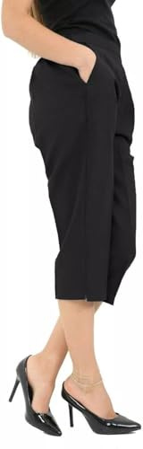 Ladies Half Elasticated Waist 3/4 Three Quarter Cropped Trousers Womens Pants Summer Capri Shorts Bottoms UK Sizes 8-24 (UK, Numeric, 12, Regular, Regular, Black)