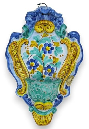 Bénitier en céramique Sicilienne - h 23 x l 14 cm Environ. Décor Baroque et Fleur MD11