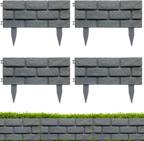 4 Piece Grey Brick Effect Garden Edging Easy Fit Plastic Border for Grass Lawns and Flower Beds (3 Packs - 5.28m)