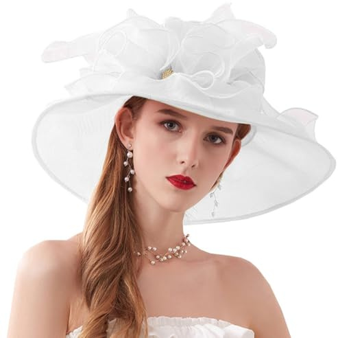 ZESLIV Damenhut Organza Hut Hochzeit Anlasshut Brauthut Sonnenhut mit Organza Blumen Sommerhut Sonnenschutz Strandhut