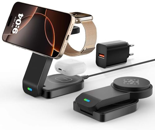 QUVFHE Magnetisches Faltbarer kabelloses Ladegerät für Apple,3 in 1 kabellose Ladestation für iPhone Air 17 16 15 14 13 12 etc,iWatch,AirPod 4 3 2(Schwarz)