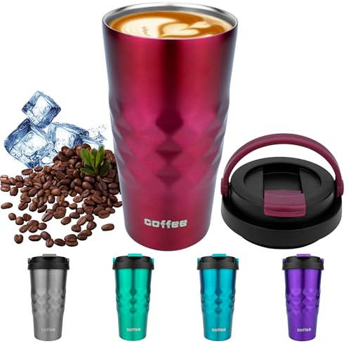 Disoza Gobelet isotherme de 500 ml - Rouge - Pour le voyage - Avec couvercle - Pour le café - Avec couvercle