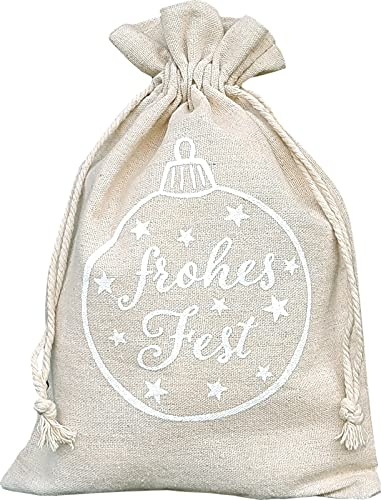 6 Leinensäckchen, Leinenbeutel - Frohes Fest - Weihnachtskugel - mit Baumwollkordel, Adventskalender, Weihnachtsbeutel, Christkind, Geschenkverpackung (23x15 cm)