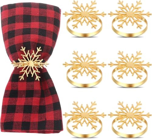 6 Stücke Serviettenringe Weihnachten Golden Schneeflocke Metall Serviettenring Set Serviettenringehalter Serviettenschnalle für Feiertage, Abendessen, Weihnachtsparty